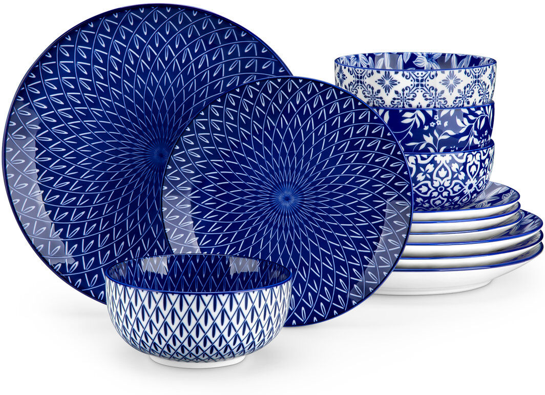 Vancasso 12 Pieces Porcelain Dinnerware, Round Plate, Dinner Plate, Dessert Plate And Bowl, Serve For 4 Person, Blue And White Porcelain, Ceramic Decal, Four D Blue White Navy 12