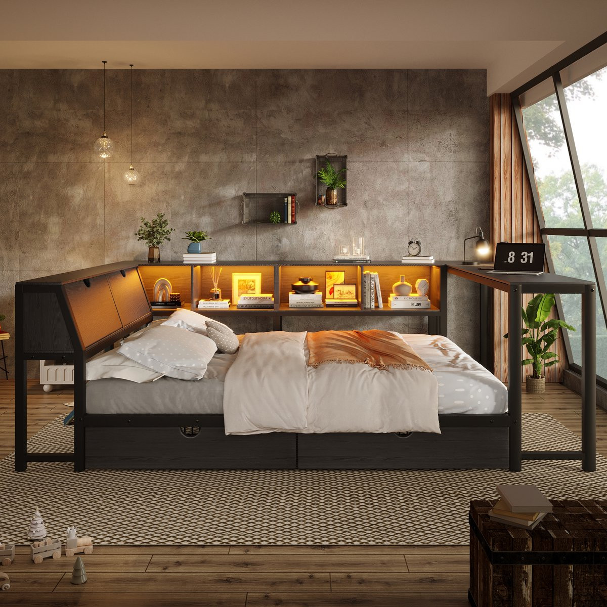 Merax Multifunctionele Slaapbank met Opberghoofdbord, Bureau en Laden, LED-verlichting, 140 x 200 cm
