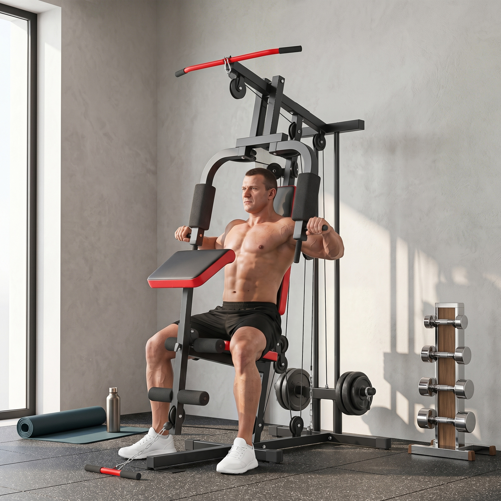 Sportnow Macchina per Muscolazione con Carrucola Alta e Bassa, Pressa per Petto e Gambe Compatibile, 136x107x205 cm, Nero e Rosso   Aosom Italy