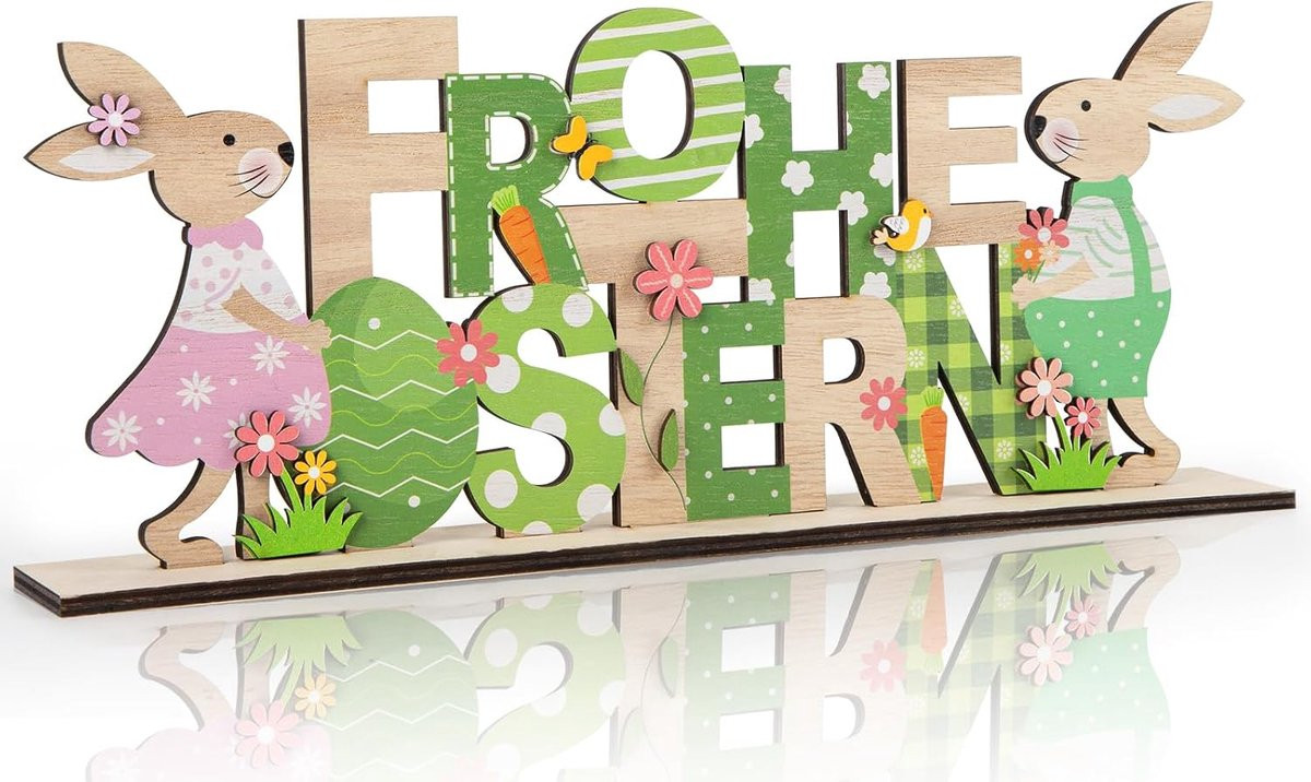 Decoratieve houten paashaas stand met tekst voor op tafel