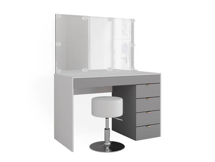 Vicco Schminktisch Elise, Weiß/Grau, 115 cm mit Spiegel, LED-Lichterkette und Hocker, Weiß, Grau, 6 Fächer, Rechteckig,Rechteckig, 115x146.2x55 cm, Schlafzimmer, Schminktische