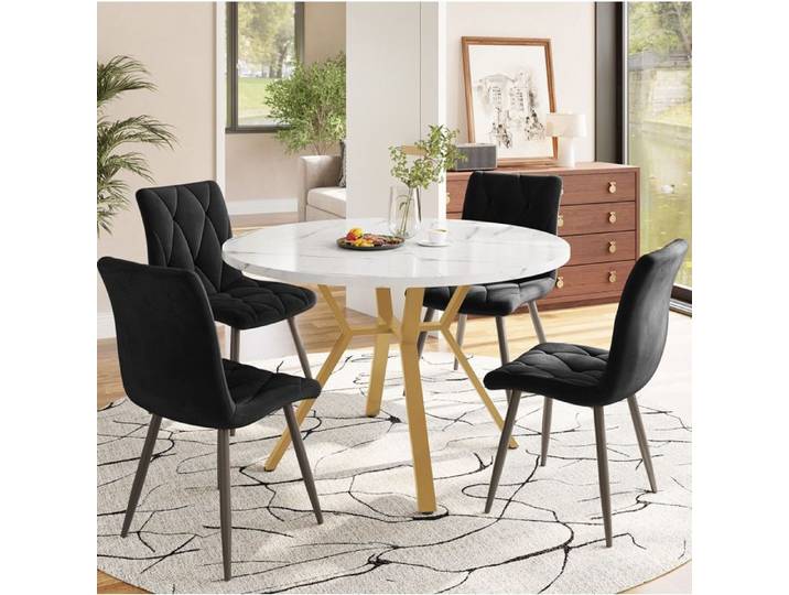 ROVRYN Ensemble table à manger 5 pièces table ronde 100 cm décor marbre MDF pieds métal doré