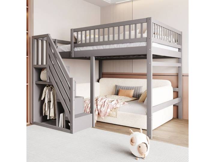 Lit - Vecchio - 140x200 cm - Escalier avec rangement - Garde-corps haut - Gris