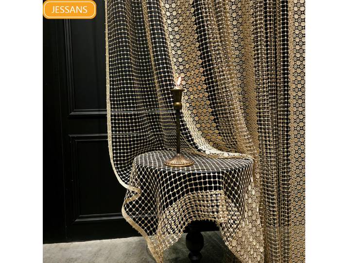 Rideaux de fenêtre brodés dorés ajourés pour salon, chambre, fenêtre française, balcon, sur mesure