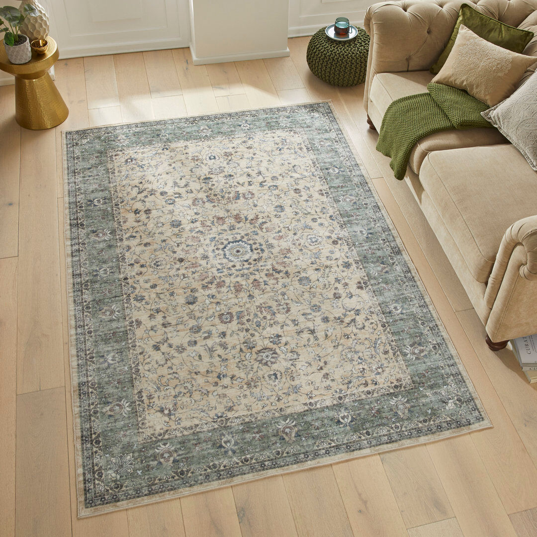 Langley Street Keira Rectangle Oriental Washable Area Rug Cream Green Rectangle 160 x 230 cm