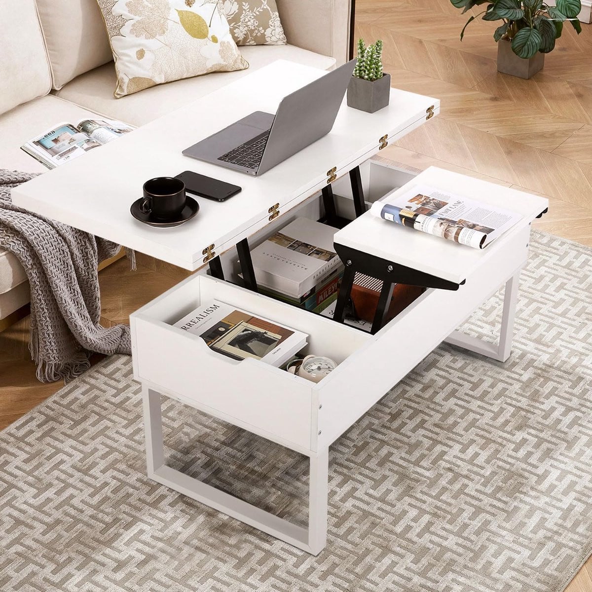 Multifunctionele Salontafel met Lift Top en Uitklapbaar Blad, Hoogte Verstelbaar, Wit