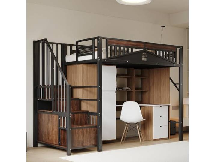 Merax Hochbett aus Metall 90 x 200 cm, Multifunktionales Hochbett für 1 Person mit Schrank und Aufbewahrungstreppen, Schwarz (ohne Matratze und Schreibtisch)