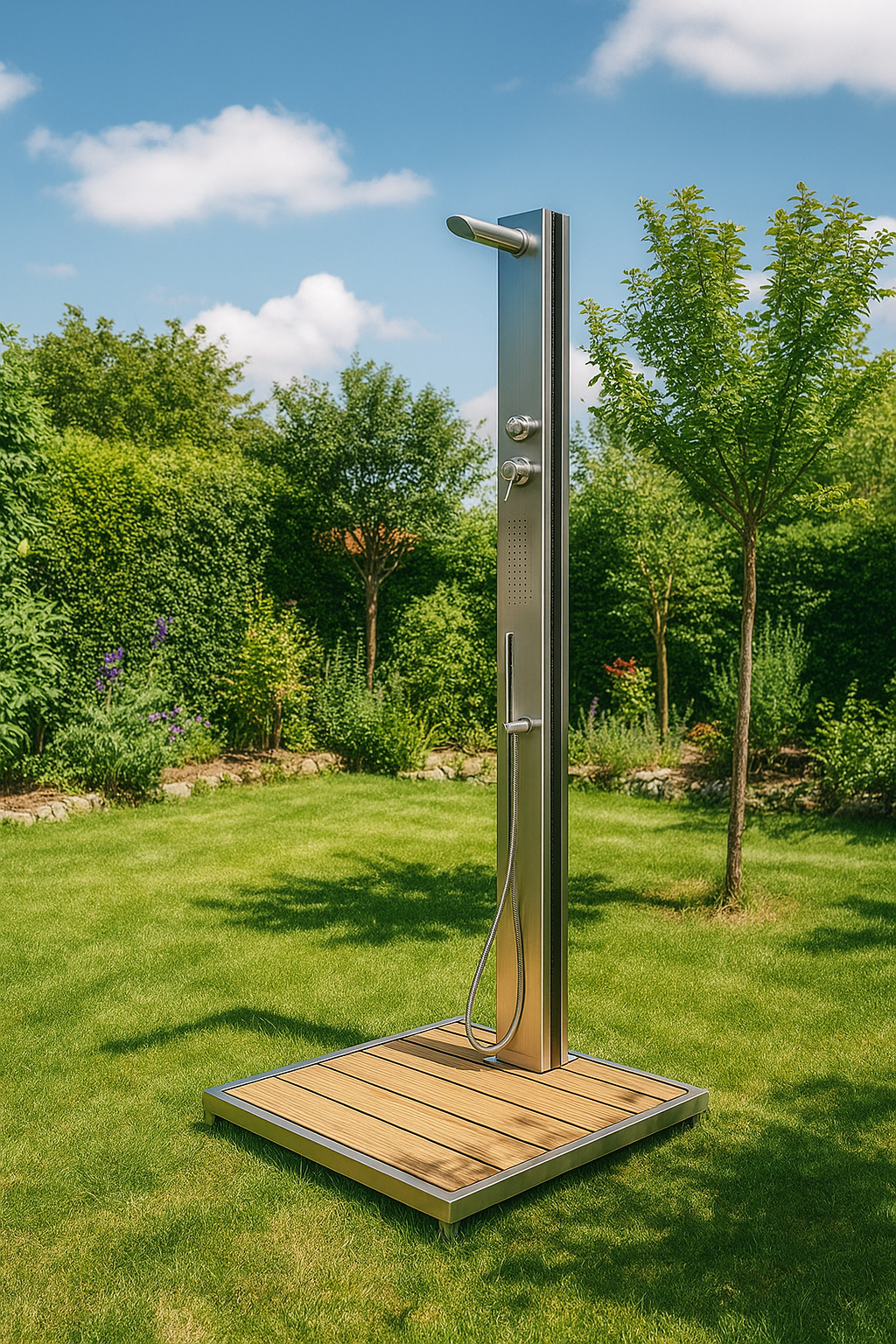 Eichenwald Ideal Edelstahl Eichenwald Modell 70 Gartendusche Malta mit WPC Plattform sandfarbig