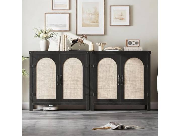 AsyPets Boho Rattan Sideboard mit Türen – Verstellbare Ablagen, geflochtene Fronten, für Wohnzimmer, Esszimmer & Flur – Schwarz Holzdekor
