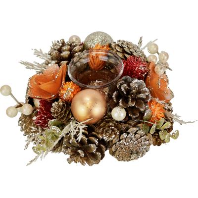 Teelichthalter I.GE.A. "Natur-Teelichthalter", orange, B:20cm H:8cm, Kerzenhalter, Teelichthalter, aus Trockenblumen Zapfen Christkugeln Beeren, mit Glaseinsatz