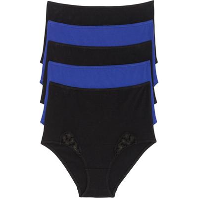 Taillenslip BONPRIX, Damen, Gr. 44/46 (L), 5 Stk., blau (saphirblau, schwarz), Obermaterial: 95% Baumwolle, 5% Elasthan. Spitze: 100% Baumwolle, Unterhosen Taillenslip, klassischer Stil, vorderseitige Beinausschnitte, 5er-Pack