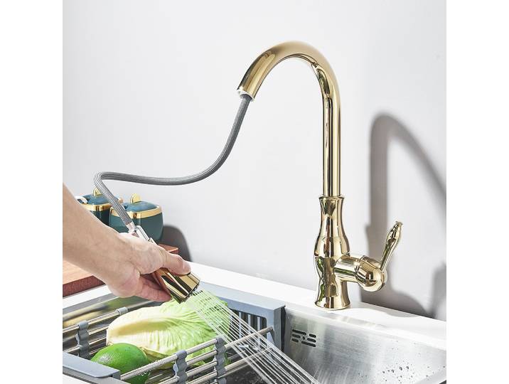 Robinet de cuisine POIQIHY noir doré, mitigeur d'évier extractible, robinet mélangeur chaud/froid pour salle de bain, rotation à 360°