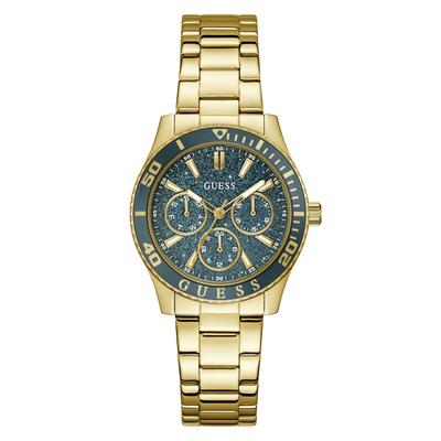 Multifunktionsuhr GUESS "MARIANA", goldfarben, petrol, Armbanduhren, Damen, Quarzuhr, Armbanduhr, Damenuhr, Edelstahlarmband, analog, Wochentag