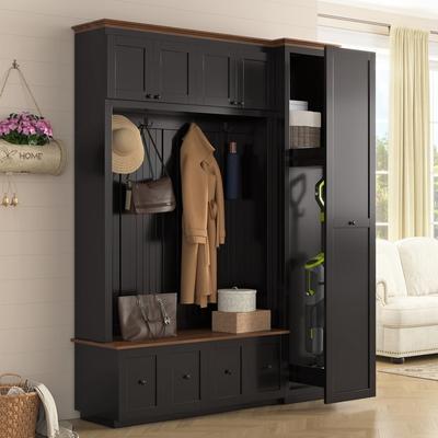 Entryway Hall Tree with Storage Bench, 5-in-1 Hall Tree Farmhouse Coat Rack Shoe Bench with Cabinets