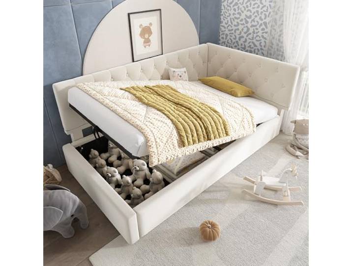Merax Polsterbett Einzelbett Sofabett 90x200 cm, Kinderbett Schlafsofa Tagesbett mit Hydraulisch Stauraum, Multifunktional Daybett mit Lattenrost und Kopfteile, Jugendbett, Samt, Ohne Matratze, Beige