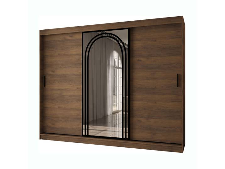 Schiebetürenschrank Farbe: Walnuss Warmia 10 Fächer 2 Kleiderstangen 250 x 62 x 200 cm Kleiderschrank Spiegeltür hochwertig Verarbei
