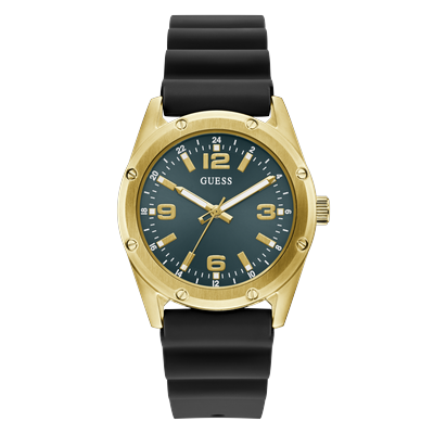 Quarzuhr GUESS "SCOTT", gold (schwarz, grün, silberfarben, grün), Armbanduhren, Herren, silberfarben, Quarzuhr, Armbanduhr, Herrenuhr, Silikonarmband, analog