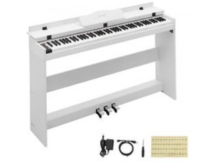 VEVOR Piano Numérique Meuble 88 Touches Semi-lestées Clavier Électronique pour Débutant, 128 Sonorités et Rythmes, Standard, avec Haut-parleur Stéréo, Pédale, Prise Casque, USB/MIDI, Pupitre, Blanc