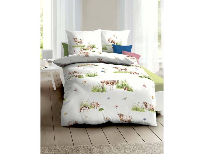 Bettwäsche KAEPPEL Almauftrieb , grün, B/L: 140cm x 220cm, 1 Stk., 1 Stk., Mako-Satin, B/L: 70cm x 90cm, 2 Stk., Mako-Satin, Obermaterial: 100% Baumwolle, Bettwäsche, Bettwäsche, Mit Kühen