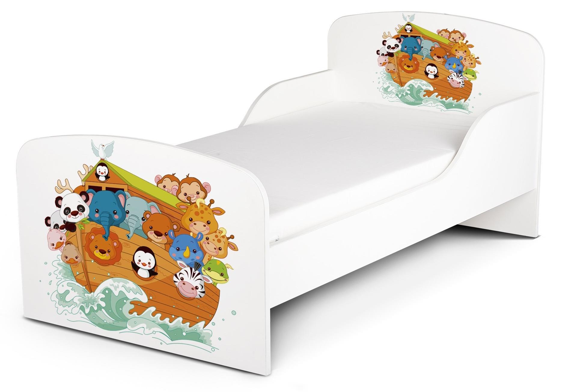Modern Weißes Holz-Kinderbett mit Matratzen 140x70 cm und UV-Druck (Tierbaum)
