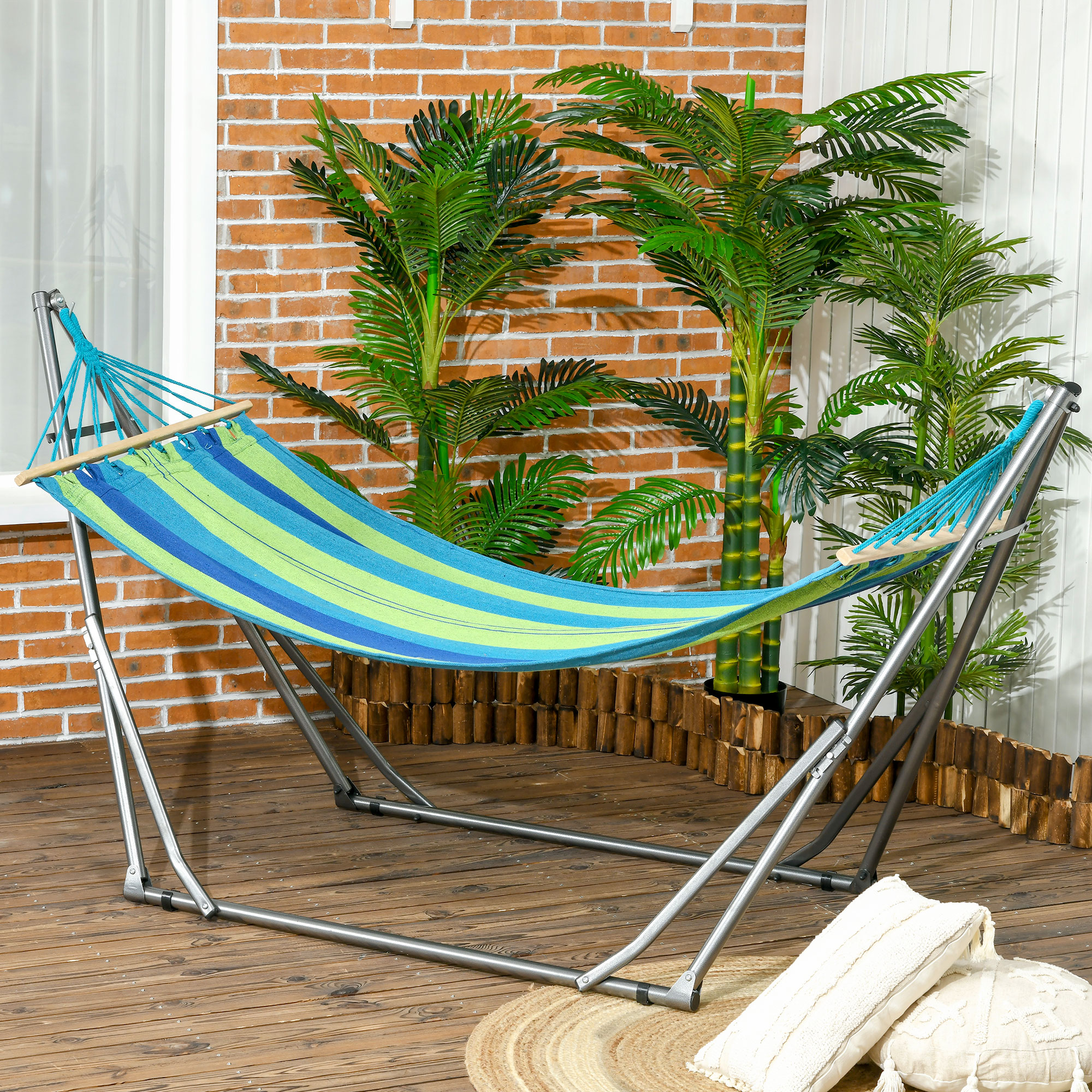 Outsunny Supporto con Amaca Autoportante Pieghevole, Amaca in Cotone e Struttura in Acciaio, Capacità max. 120kg,  270x100x94cm Aosom