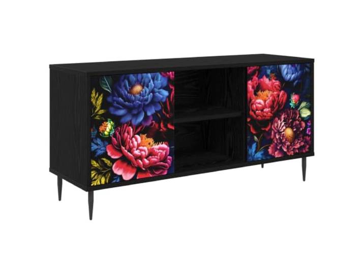 Foknhdi TV-Schrank Lowboard 102x33x51 cm Schwarz Eichen-Optik Stilvolles Fernsehmöbel mit 2 Türen für Wohnzimmer und Schlafzimmer, erhöhte Füße für optimale Zirkulation.
