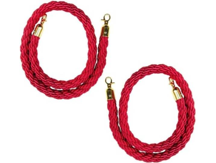 2 rote geflochtene Absperrseile mit polierten goldfarbenen Haken Zwei 32-mm-Nylonseile in 10 festen Längen für symmetrische Eingänge, Empfangsbereiche, Ausstellungen und Zeremonien
