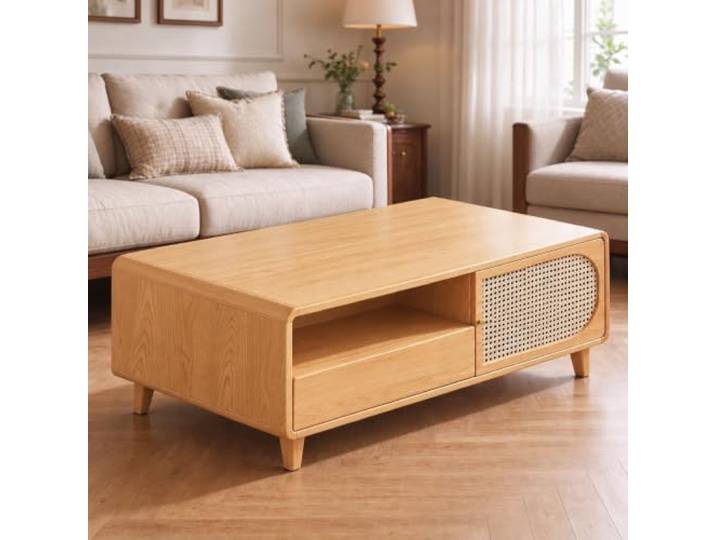 Wohnzimmertisch mit Stauraum, moderner Couchtisch, Rattantüren Holzplatten, 2 Schubladen, beidseitige Türen und Beine aus massivem Kautschukholz, praktischer Stauraum fürs Wohnzimmer