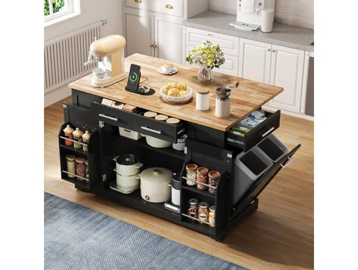 Kücheninsel Freistehend，Küchenwagen mit Rollen，Mobiler Küchenschrank，MDF Moderne Kücheninsel mit Klapparbeitsplatte，mobiler Küchenschrank mit USB/Type-C, verstellbaren Regalen & Auszieh-Müllraum