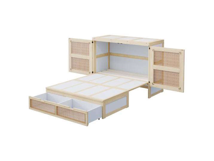 ComfortXL Schrankbett 140/200 cm De-01398, in Holzfarbe, mit Klappmechanismus und Schubladen, Naturfarben, 140x200 cm, Schlafzimmer, Betten, Gästebetten, Klappbetten