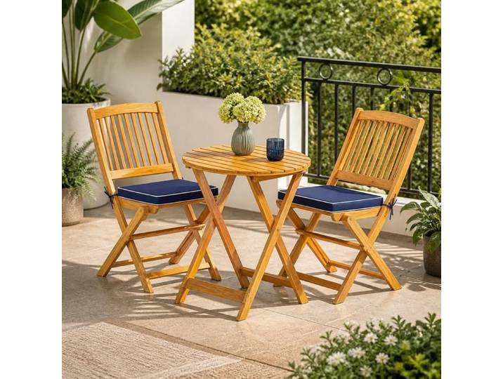 Ensemble bistro - PAGE LIVING - PAGE Living - Acacia massif pliant - 3 pièces - Coussins amovibles bleu