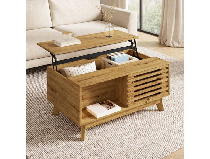 COVREO Table basse relevable avec rangement porte à jalousie coulissante MDF aspect bois naturel style rétro 90 x 55 cm