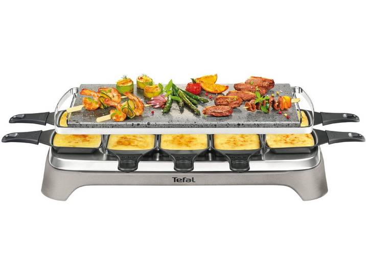 Tefal Raclette Pierrade, Naturstein, spülmaschinengeeignete Pfännchen, 10 Raclettepfännchen, 1350 W, Abnehmbares Kabel, inkl. Schaber, PR457B