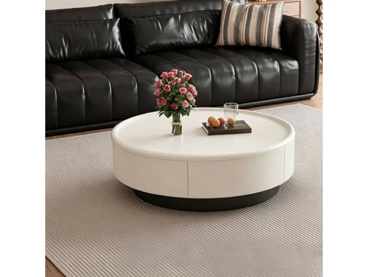Runder moderner Couchtisch, minimalischer Holz-Mitteltisch für Wohnzimmer Massivholzrahmen, Sintersteinplatte, versteckter Stauraum, abgerundete Ecken für Wohnzimmer & Luxuswohnungen(E(PVC),31.5in)