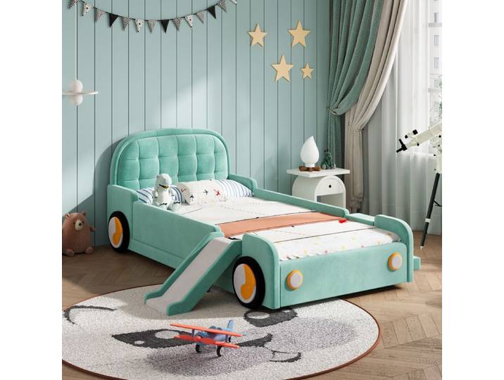 Lit enfant voiture avec toboggan - Design voiture avec roues - Toboggan et escalier modulables