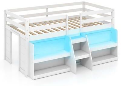 Costway Twin Size Loft Bed with LED Lights with Staircase and Safety Guardrail-White