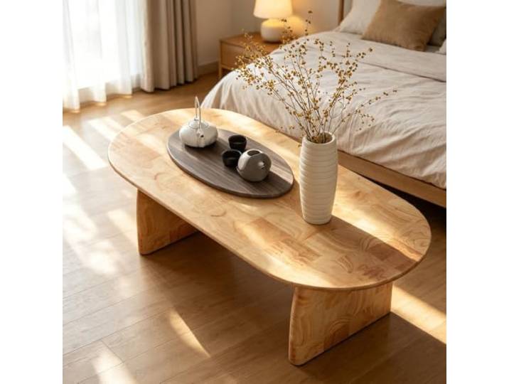 Massivholz Couchtisch, Gummiholz‑Couchtisch mit stabilem Gestell Geeignet für kleine Wohnungen und moderne Einrichtung(Natural,55.1in-B)