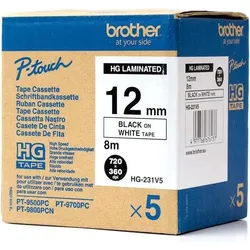 Brother, Beschriftungsband, Schriftband HGe 231V5 5er Set Bandfarbe: Weiss Schriftfarbe: Schwarz 12 mm 8 m (1.20 cm, Weiss)