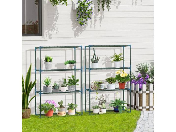 Etagere a plantes 4 niveaux pour balcon et jardin - ELVMI - Lot de 2 en acier vert 70 × 27 × 110 cm