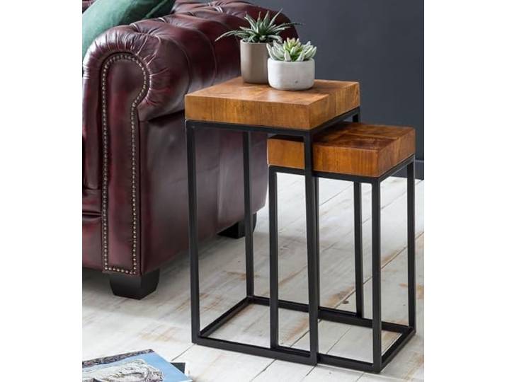 Wohnling Satztisch 2er Set Sheesham Massivholz Metall, Couchtisch 2 Beistelltische ineinander schiebbar, Wohnzimmertische Industrial, handgefertigtes Unikat, platzsparende Holztische