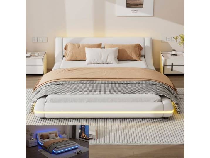 Lit double 140x200 cm Design moderne - Lumière ambiante LED - Tiroirs inclus - Blanc