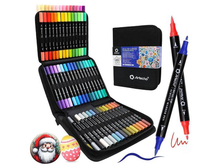 Acrylstifte 60 Farben Set mit Stoffbeutel, Wasserfester Dual Tip Marker, Mehrfarbig, Kunststoff, 10x8x15 cm, Dekoration, Malbedarf & Bastelbedarf