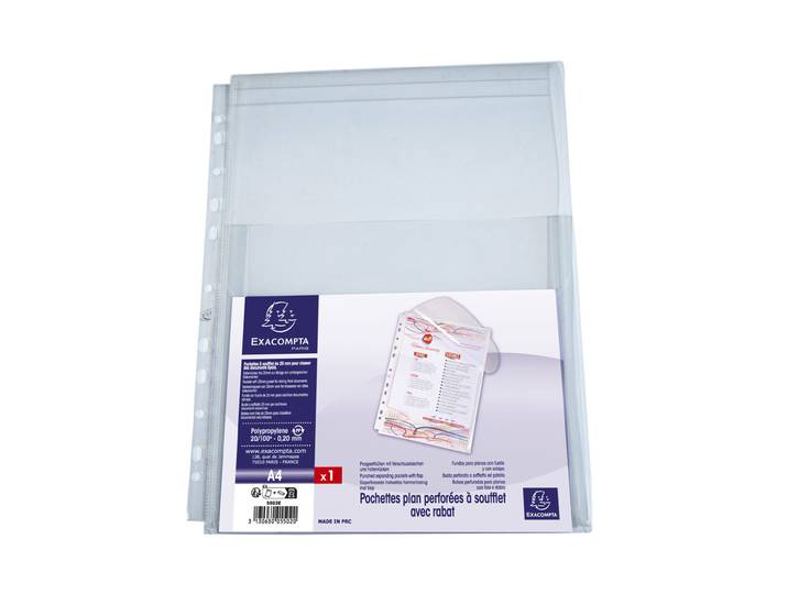 Exacompta Pochettes perforées transparentes à soufflet A4 polypropylène 20/100e lisse incolore - Lot de 50