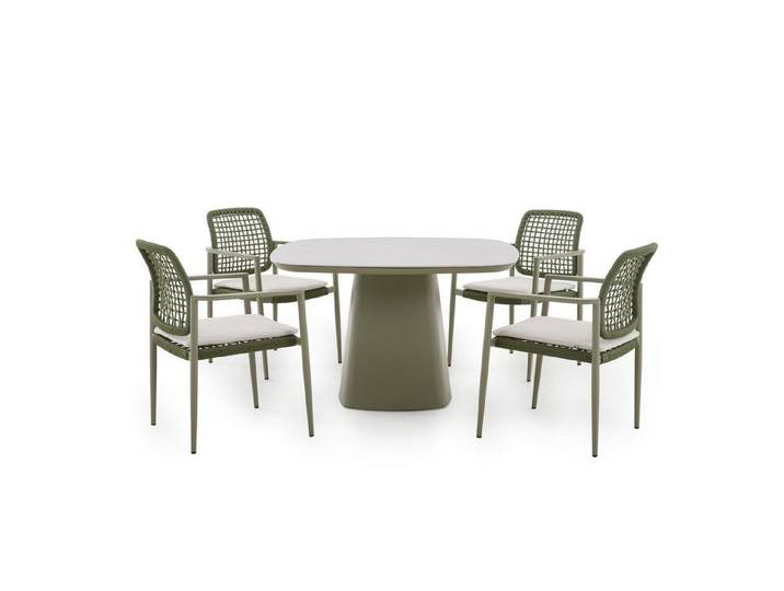 CASA DOMA Garten-Essgruppe Lavello/Lioni, Gartentisch 120x120 cm mit 4 Stapelstühlen, (Outdoor-Set, 5-tlg., Gartenmöbel-Set), Tischplatte Sinterstein, Aluminium moosgrün