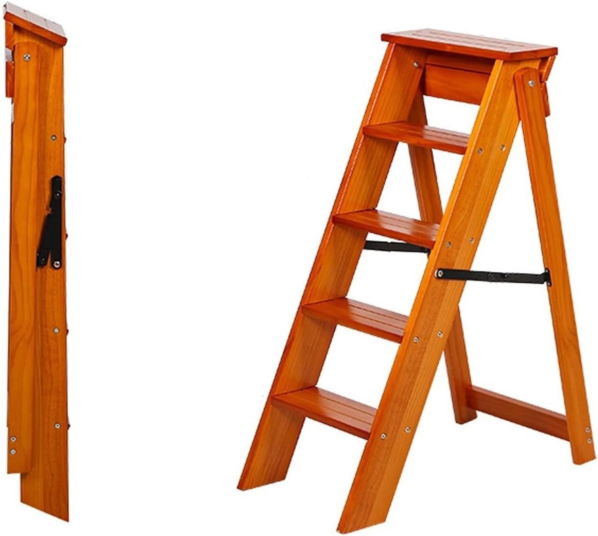 Merkloze Houten Ladder Kruk - Opvouwbare Trapladder met 5 Treden - Naturel