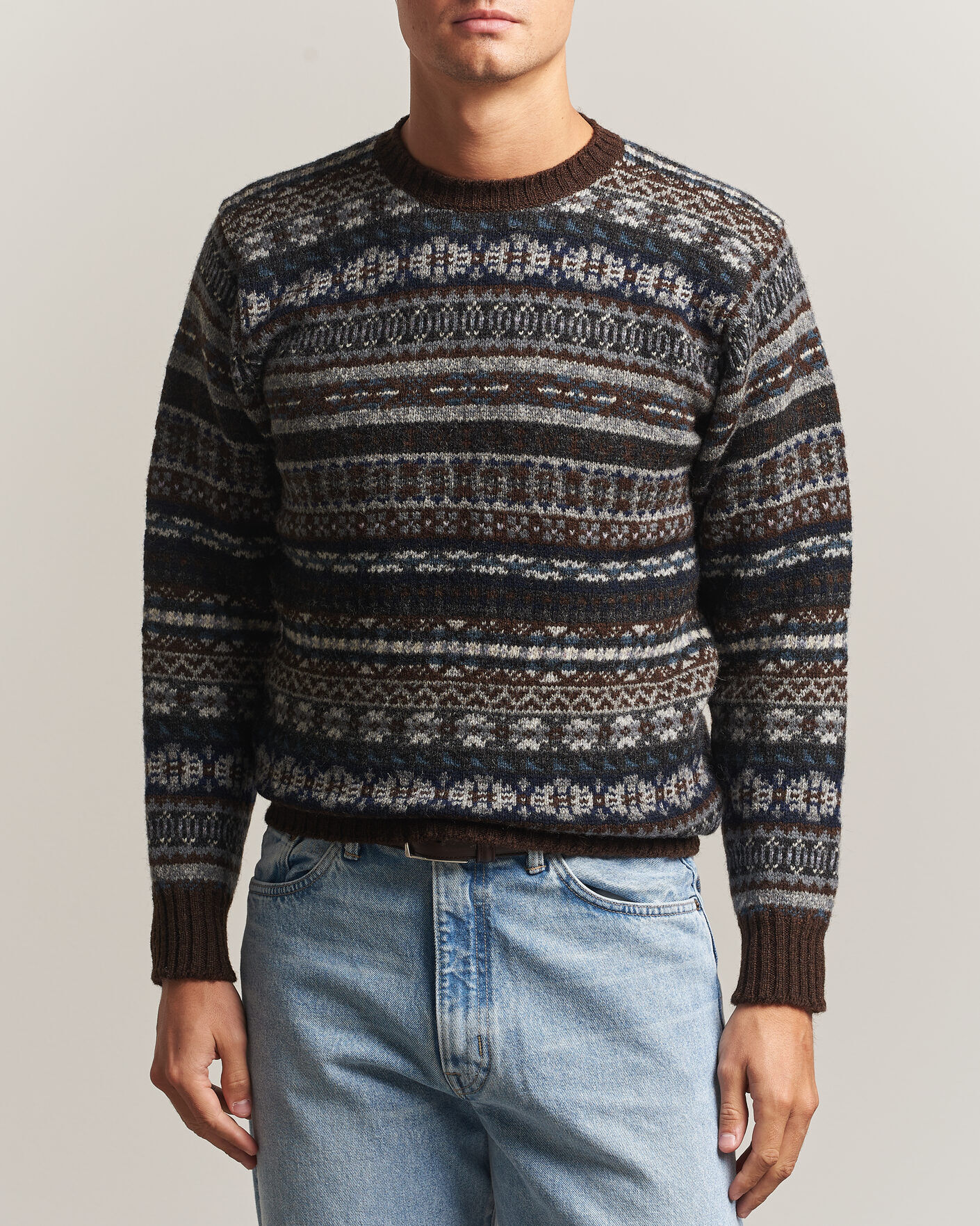 Jamieson's of Shetland Jamiesons Of Shetland All Over Fair Isle Pullover Crew Neck Brown men 40 Brun