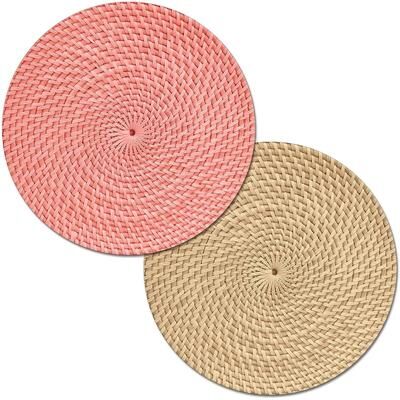 CounterArt Coral and Natural Basket Weave Design Round Reversible Easy Care Plastic Placemat Set of 4 Made in The USA