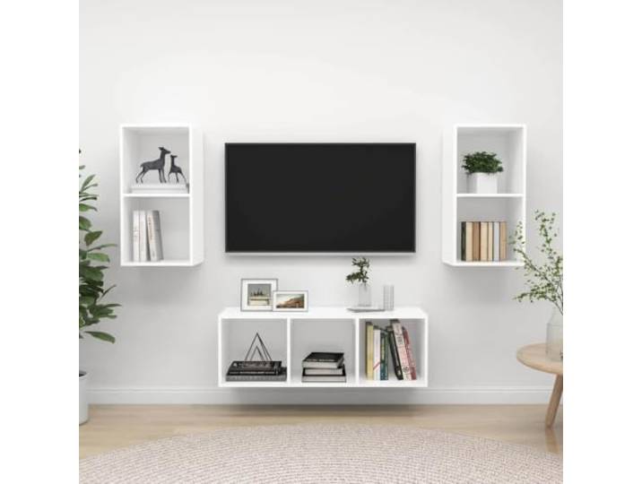 HEFZGDB 3-TLG. TV-Schrank-Set Weiß Holzwerkstoff mit viel Stauraum, Wandmontage und einfacher Reinigung für Organisation und Aufbewahrung