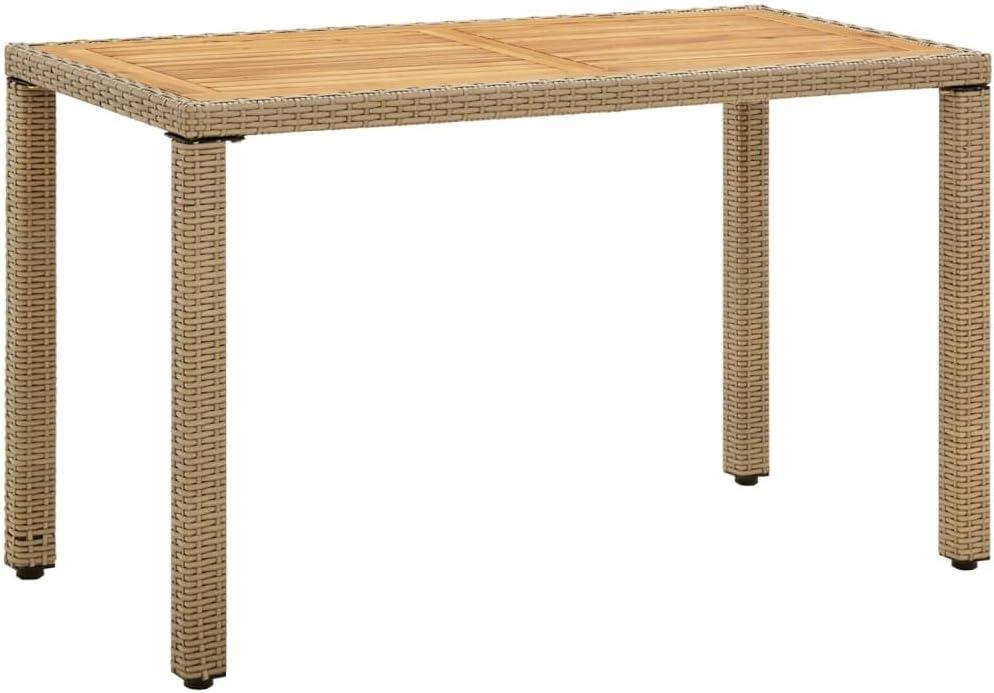Beiger Gartentisch aus Polyrattan und massivem Akazienholz, 123x60x74 cm, stabil, wetterfest und platzsparend für Balkon, Terrasse, Garten und Veranda