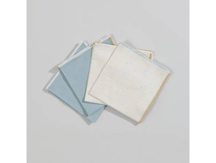 Cocktailservietten aus blauer und ecrufarbener Baumwolle mit zweifarbiger Stickerei, 30x30 cm (x4)